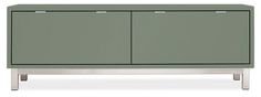 a green cabinet with two doors and metal legs