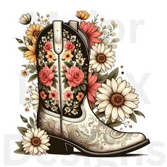 a pair of cowboy boots with flowers on the inside, and an image of sunflowers