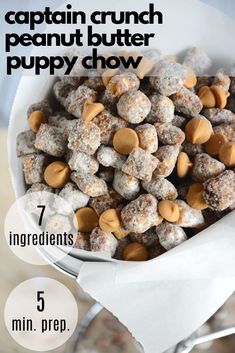 a white bowl filled with puppy chow next to a measuring cup