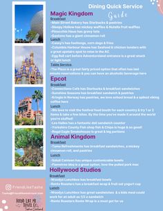 the disneyland world menu is shown in pink, blue and white with images of disney's castle