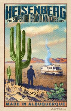 a poster with a man standing next to a van in the desert near a cactus