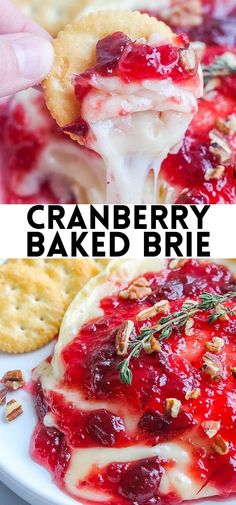 cranberry baked brie is being lifted from a white plate with crackers