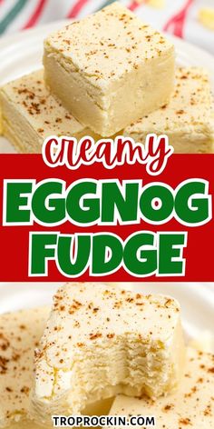 eggnog fudge on a plate with the title overlay