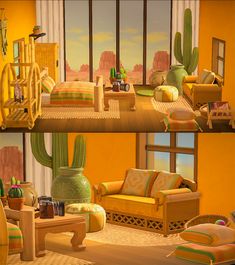 two pictures of a living room with furniture and cactus decorations on the windowsills