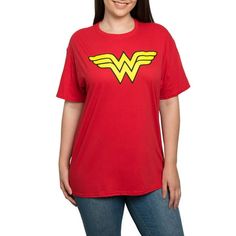 She's ambitious, noble, independent and passionate! Wonder Woman lends her charm and logo on this 100% cotton, short sleeve plus size t-shirt for women. > Plus Size Women's Wonder Woman Short Sleeve T-Shirt Red > Featuring a graphic print of Wonder Woman's logo in yellow on the front. > Crew neck, short sleeves, no print on back. > 100% Cotton. Ultra-soft, lightweight and comfortable fabric. > Officially licensed DC Comics women's apparel. Size: 2X.  Gender: female.  Age Group: adult. Superhero Dress Up, Wonder Woman Halloween Costume, Wonder Woman Shirt, Comic Clothes, Dc Comics Women, Plus Size Disney, Superman Shirt, Superman T Shirt, Wonder Woman Logo