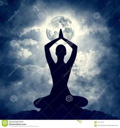 the silhouette of a person doing yoga in front of a full moon and cloudy sky