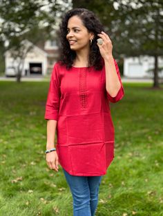 This Red Short Kurti is the perfect way to express your unique sense of style. Crafted from luxurious rayon fabric, its comfortable all day wear ensures that you can look and feel your best. An eye-catching blend of indo western, this piece is a must-have for the fashion-forward individual. Wash and Care : Hand wash in cold water and air dry. Note : Please size up as Kurta fits snug. Fit: Regular Fit Fabric: Rayon Neck: Round Sleeves: 3/4th Sleeves Pattern Type: Solid Length: Hip Length Casual Short Sleeve Kurta For Festive Occasions, Traditional Red Kurta For Spring, Festive Long Sleeve Rayon Kurta, Casual Summer Festive Kurta, Red Tunic Tops For Fall, Red Fall Tunic Top, Fitted Red Kurta For Fall, Casual Cotton Kurta For Fall, Casual Tunic Kurta For Festive Season