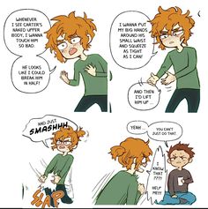 a comic strip with two people talking to each other and one has an orange hair