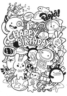 happy birthday coloring page with lots of cartoon characters in black and white, including the words happy