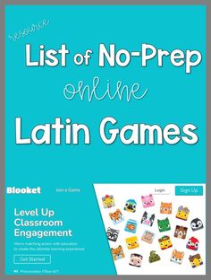 the list of no prep online latin games is shown in front of a blue background