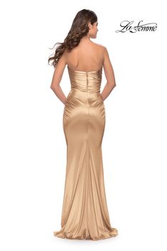 La Femme 32300 Chic strapless stretch satin dress with flattering ruching detail. Back zipper closure. Strapless Prom Evening Dress, Formal Satin Strapless Dress With Ruched Detail, Strapless Satin Dress With Ruched Detail, Formal Ruched Strapless Satin Dress, Ruched Satin Stretch Dress, Stretch Satin Dress With Ruched Details, Ruched Stretch Satin Dress, Formal Strapless Satin Fitted Dress, Formal Fitted Strapless Satin Dress