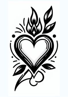 a black and white drawing of a heart with flames