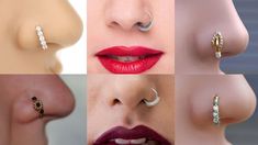 four different types of nose piercings on women's lips and noses are shown