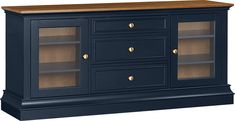 a black entertainment center with glass doors and drawers on one side, gold knobs on the other