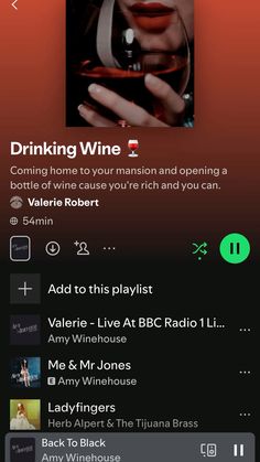 an iphone screen showing the music player's playlist for drinking wine and listening to other people