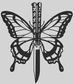 a black and white drawing of a butterfly with a knife in it's claws