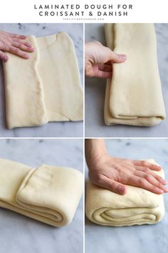 the process for making homemade pizza dough is shown in four different stages and then rolled up