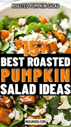 the best roasted pumpkin salad with spinach and feta cheese on top is featured in this