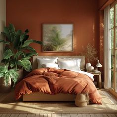 a bedroom with an orange wall and large potted plant in the corner on the bed