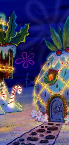 an animated christmas scene with lights and decorations on the ground, including a snowman's house