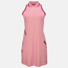 a women's pink dress with red stripes on the side and collared neckline