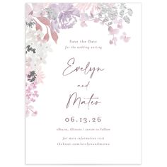 an elegant floral wedding save the date card with pink and purple flowers on white paper