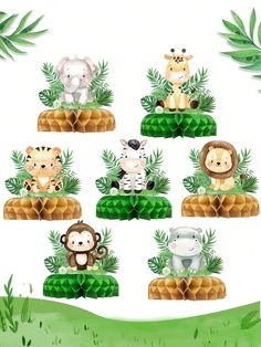 the jungle animals are sitting on top of some green plants and grass, with leaves around them