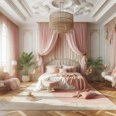 a bedroom decorated in pink and white with drapes on the windows, bedding, rugs and pillows