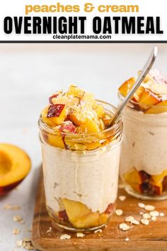 two jars filled with food sitting on top of a wooden cutting board next to sliced peaches