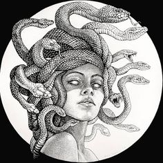 a black and white drawing of a woman with snakes on her head in a circle