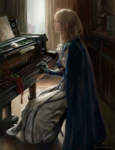 a painting of a woman sitting at a piano playing the piano with her long hair blowing in the wind