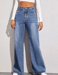 Blue Streetwear, High Waist Wide Leg Jeans, Jean Large, Jean Vintage, Denim Patterns, Loose Jeans, Women Denim Jeans, Casual Trousers, Denim Trousers