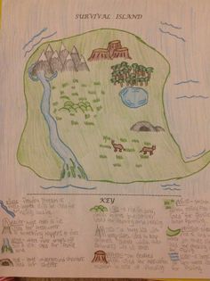 a child's drawing of a map with animals and mountains in the background that says survival island