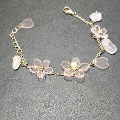 Adorable Gold Colored Bracelet Has Light Pink Flowers And Rose Quartz Stones. Pink Quartz Jewelry, Brighton Charm Bracelet, Rose Quartz Color, Floral Cuff, Gold Bracelet Set, Light Pink Flowers, Quartz Color, Leaf Bracelet, Beaded Wrap Bracelets