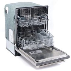 an open dishwasher on a white background