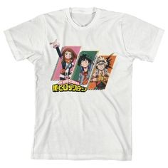 Hang out with your favorite anime characters with this My Hero Academia tee. The shirt features images of Ochaco Uraraka, Izuku Midoriya, and Katsuki Bakugo in pink, green, and orange panels while yellow kanji letters below the characters spell out the series title. The tee comes in a white short sleeve crew neck. My Hero Academia fans will love this comfy cotton t-shirt. Hero Academia Uraraka, Kanji Letters, My Hero Academia Merchandise, Favorite Anime Characters, Katsuki Bakugo, Mens Home, Kids Trend, Mens Trends, Plus Ultra