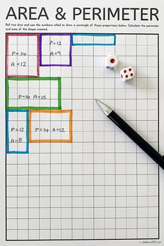 an area and perimeter game with two dices on the side, next to a pen