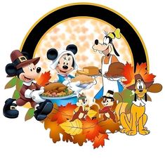 mickey mouse thanksgiving dinner with goofy, pluto and other disney characters in the fall leaves