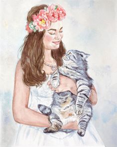 a painting of a woman holding a cat with flowers in her hair and wearing a flower crown