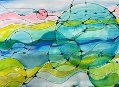 an abstract painting with wavy lines and colors in the sky, watercolor on paper