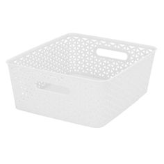 a white plastic basket with holes on the sides and handles, for storage or organization