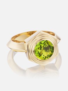 18K yellow gold peridot gemstone everyday ring. A modern pairing of hard and soft, Hexed takes the HG staple shape of hexagon and pairs it with concentric circles for a three-dimensional setting that is heavy on bold yellow gold. Available as a pendant necklace, stud earrings or a ring, mix and match! Made to order, current lead time is 8-10 weeks. Modern Yellow Gold Peridot Jewelry, Modern Gold Jewelry With Peridot, Modern Gold Peridot Jewelry, Yellow Gold Polished Peridot Jewelry, Yellow Gold Peridot Jewelry With Polished Finish, Harwell Godfrey, Smokey Topaz, Concentric Circles, Everyday Ring