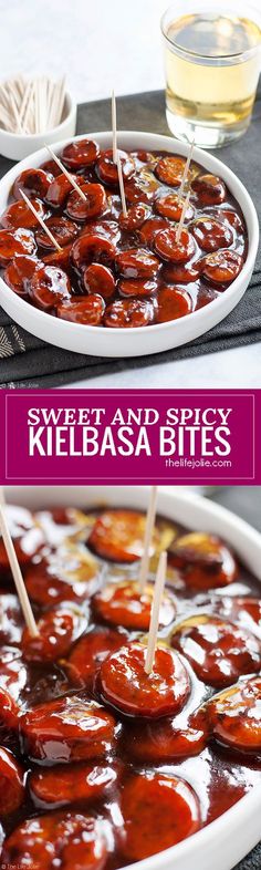 sweet and spicy kielbasa bites are served on skewers