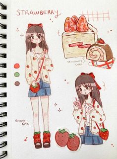 a drawing of two girls standing next to each other with strawberries on the table