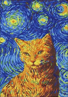 an orange cat sitting on top of a blue and yellow background with stars in the sky