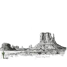 a black and white drawing of a desert landscape