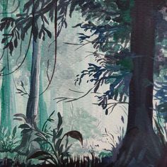 a painting of trees and plants in the woods