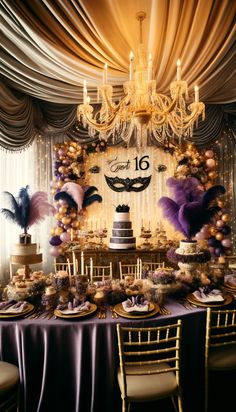 the table is set up for a masquerade birthday party with purple and gold decorations