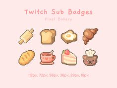 the pixeled image shows different types of breads and pastries on pink background