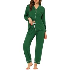 Great for loungewear, nightwear, sleepwear, home bedroom, and daily wear. This loungewear pajama set for women is constructed of super soft fabric, comfy, breathable, and skin friendly, making it convenient to take on/off, keeping you pretty and comfortable all day. Features and notched lapel design, soft and comfortable making you feel cozy all night, enjoy a comfortable sleep and sweet dream. No matter the cozy bedtime, casual home relaxation, laze afternoon, or a relaxing bath, the soft and l Green Long Sleeve Sleepwear With Relaxed Fit, Green Long Sleeve Nightgown For Sleep, Green Long Sleeve Nightgown For Loungewear, Casual Long Sleeve Night Sleepwear, Casual Long Sleeve Sleepwear For Night, Casual Long Sleeve Night Sets, Lapel Design, Plus Size Pajamas, Short Loungewear